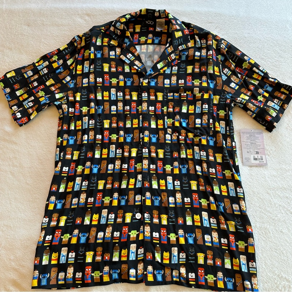 Disney 100 Black Casual Button Down Shirt with Vibrant Pattern
